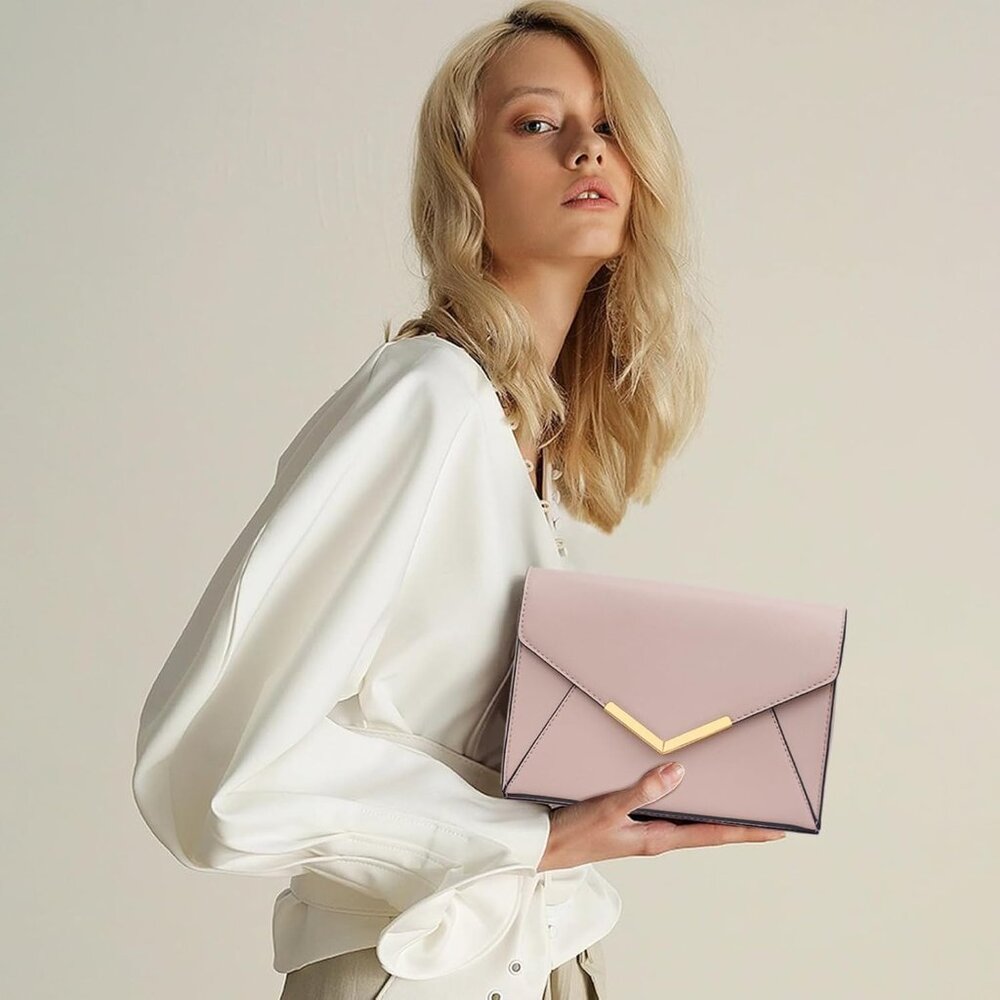 ⚡‎ Women's Cream Leather Elegant Snap Closure Envelope Foldover Clutch Bag